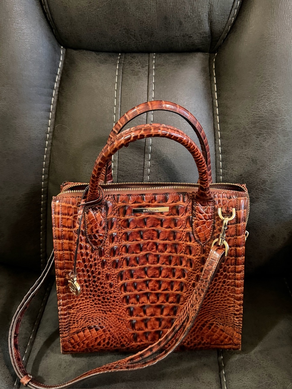 Brahmin Cognac Croc-Embossed Top-Handle Satchel with Shoulder Strap